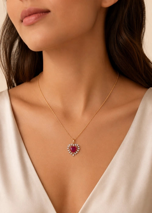 Crimson Flame Ruby & Diamond Heart Pendant